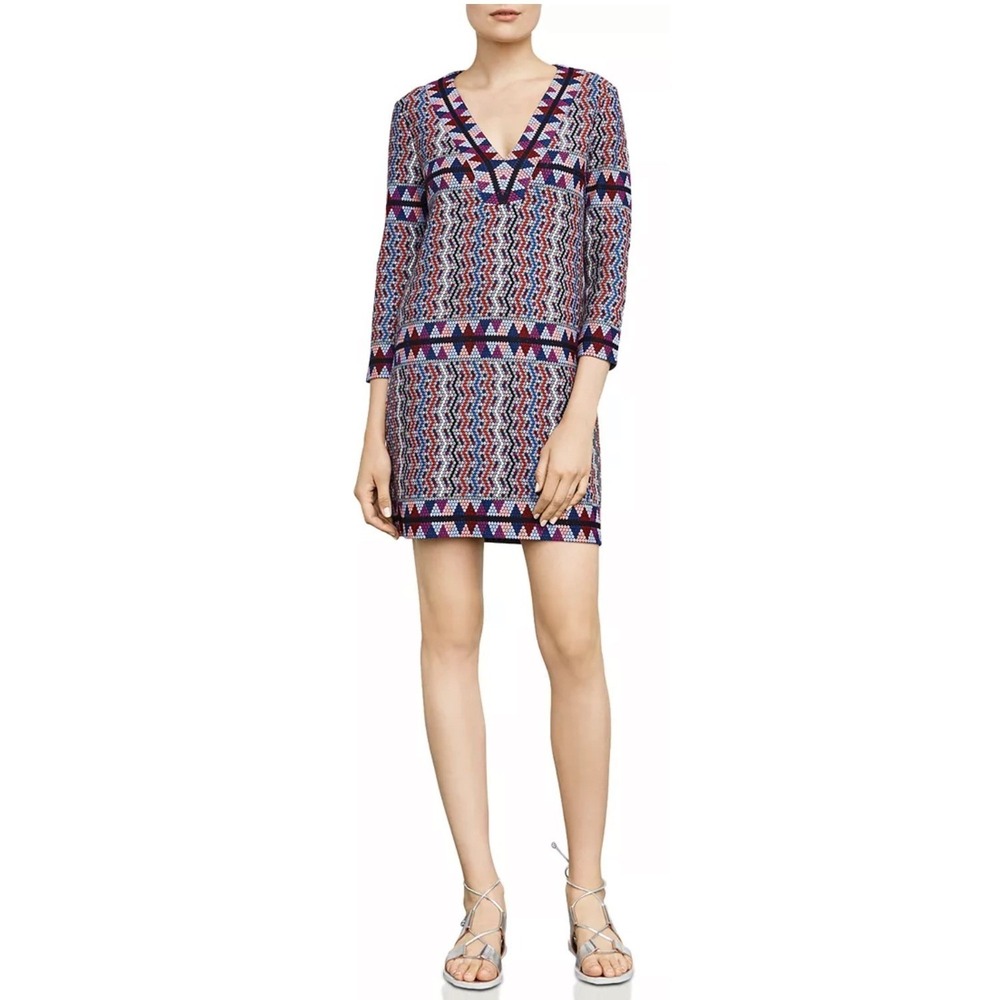 BCBGMAXAZRIA Womens Belle Dress XS 3/4 Sleeve V‎ Neck Geometric Print Multicolor